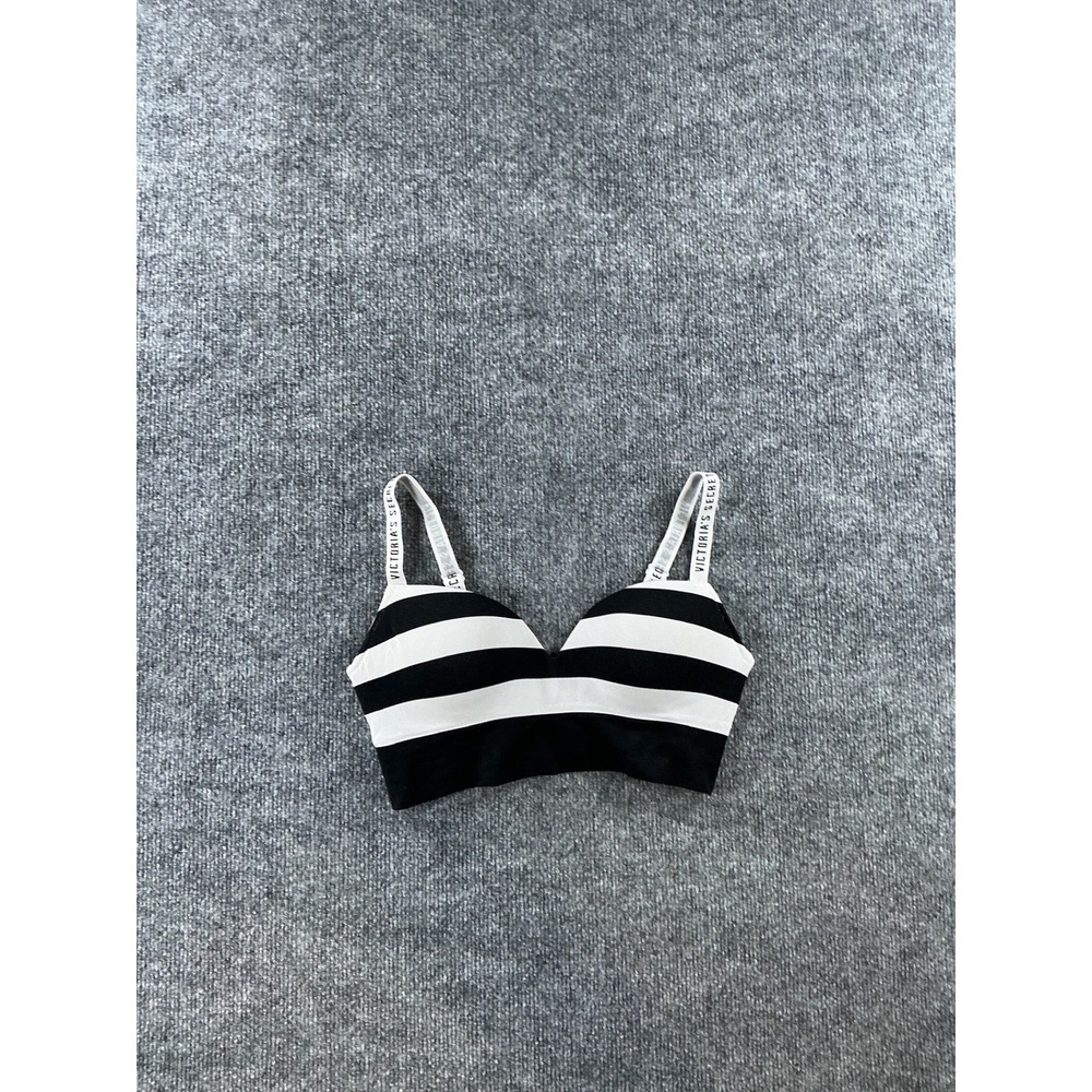 Victorias Secret Black White Striped Logo Strap Wireless Bralette Plunge Small